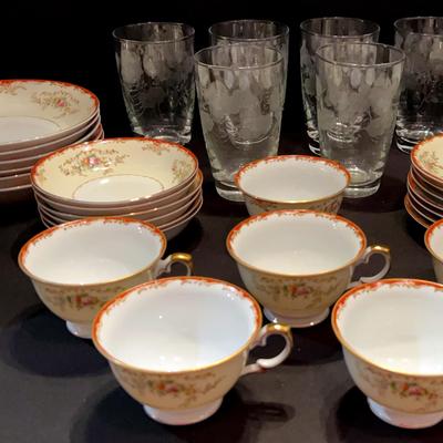 Set Of 6 Crystal Garland Flat Tumblers & Meito China Set