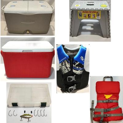 Two Coolers, 2 Children's Life Preservers & A Bit Of Fishing Tackle