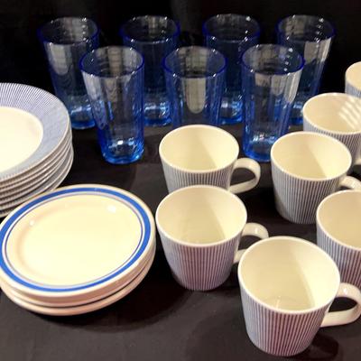 Royal Dolution Pacific Dots Plates/Mugs, Oxford Plates, Pasabahce Blue Block Optic Glass Tumbler