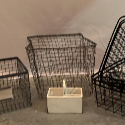 Collection Of Black Wire Baskets & Cream Wood Small Storage Box