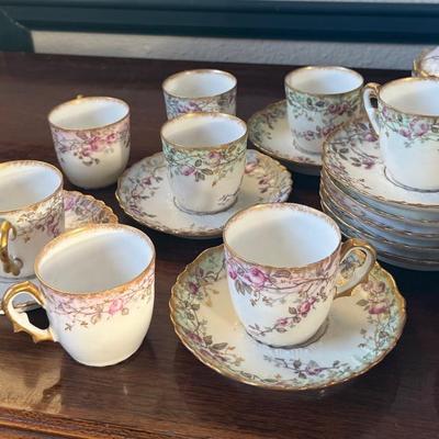 Vintage Limoges Demitasse Set – 11 Cups, 11 Saucers, Sugar Bowl & Creamer – Hand-Painted Floral with