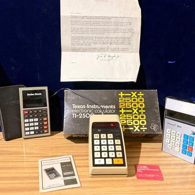 Vintage Calculator Lot – Texas Instruments, Radio Shack, Unisonic + Manuals & Letter