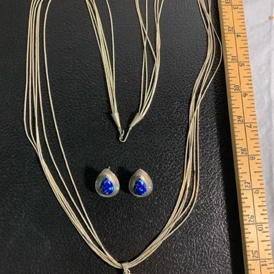 Six Strand Liquid Silver 36 Inch Necklace With Azurite ￼Pendant And Matching Earrings