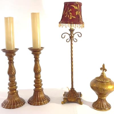 Tall Candlesticks w/ Slim Battery Candles, Table Lamp & Jars w/ lid