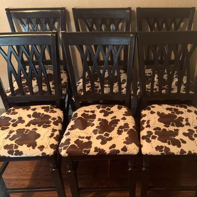 Set Of Six Dark Wood Chairs With Cow Hide Vinyl Covered Seats 