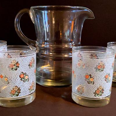 Clear Pitcher And Four Short Glasses With Floral Print