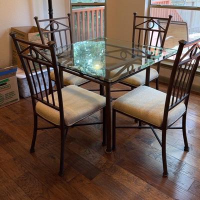 Wrought Iron and Glass Dining Table (square 40 x 40) & Chairs