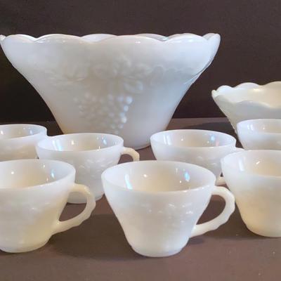 Vintage Milk Glass Punch Bowl, 12 Cups And Fruit Bowl Set