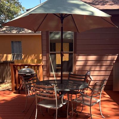 Metal Round Table, Chairs And Hampton Bay Tilting Umbrella With Stand
