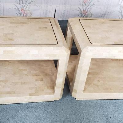 (2) Vintage Polished Tesselated Stone Tables With Brass Inlay