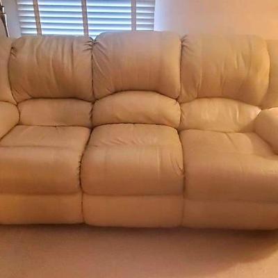 Cream Faux Leather Reclining Sofa & Love Seat
