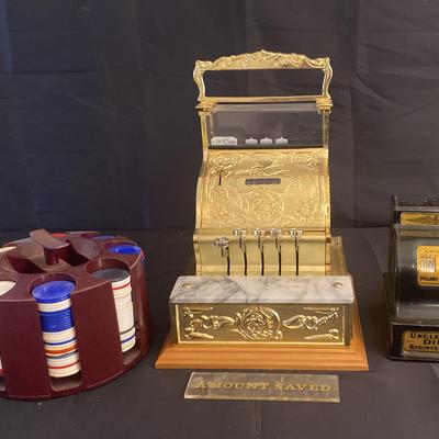 Brass Toy Cash Register, Bank and Poker Chips