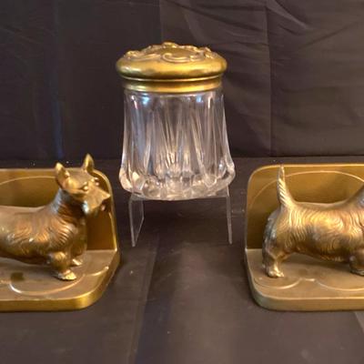 Brass Scottish Terrier Book Ends & Attractive Glass Jar