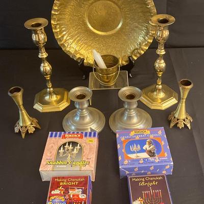 Brass Candlesticks, Platter, Shabbat & Hanukkah Candles 