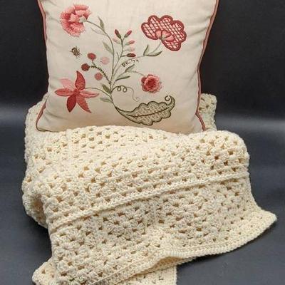 Vintage Handmade Afghan and Crewell Embroidered Pillow 