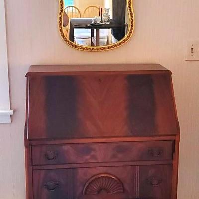 Antique Secretary Desk and Gold Framed Mirror