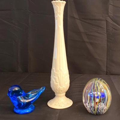 Lenox Vase, Colorful Murano Paperweight & Bluebird Of Happiness 