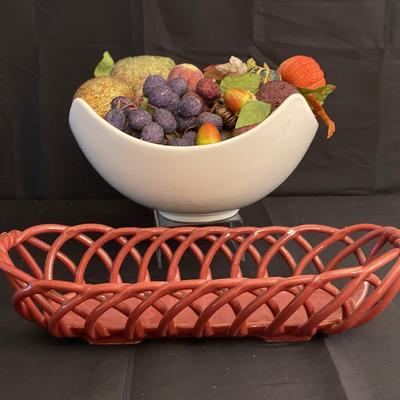 Beaded Fruit, Bowl And Woven Ceramic Basket 
