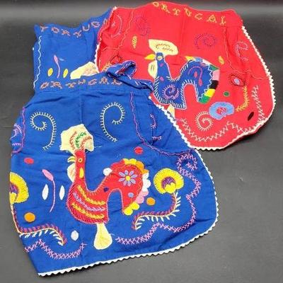 (3) Vintage Hand Embroidered Portugal Aprons