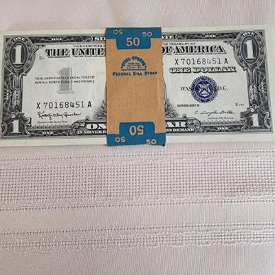 Mint State Stack of 50 Sequential Numbered Silver Certificates Currency