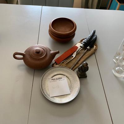 meat cutting utensils, clay bowls and more