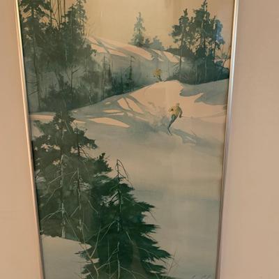 1974 print of skiers on a slope by Jane Carlson 
17w 28h