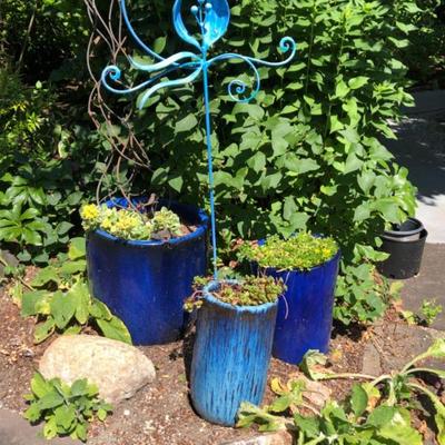 Trio of Ceramic Planters and Metal Garden Art - Plants Included