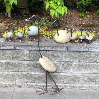 Dave's Ducks Metal & Natural Rock Garden Art – Ducks and Blue Heron