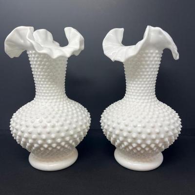 Fenton Hobnail Milk Glass Vases – Ruffled Edge Pair