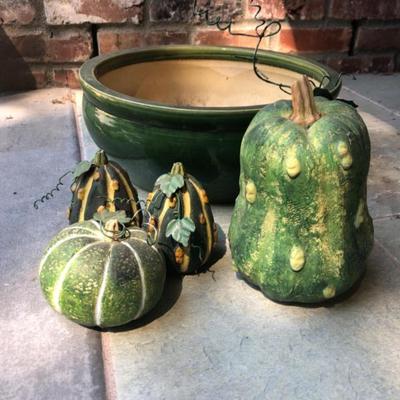 Green Ceramic Planter & Decorative Gourds – Autumnal Garden Styling