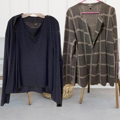Eileen Fisher Checked Merino Cardigan & Navy Wool Tank/Jacket Set (L)
