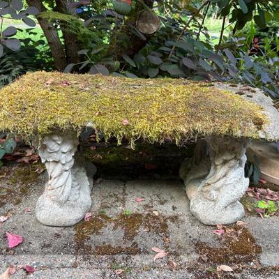 Garden Bench with Bird Relief – Organic Moss-Touched Stone Accent	