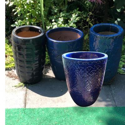 Set of Four 14-19 inch Tall Ceramic Blue Garden Planters	