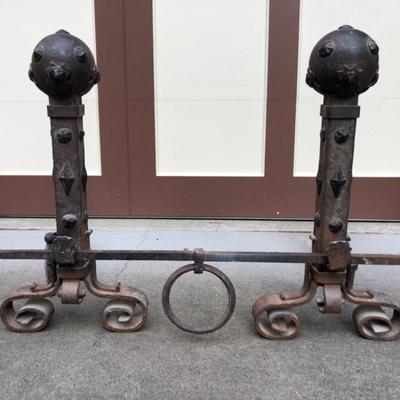 Antique Wrought Iron Castle Fireplace Andirons – Studded Finials, Scroll Feet