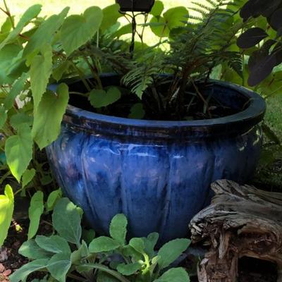 Large Ceramic Blue Planter & Metal Garden Accent with Live Plant