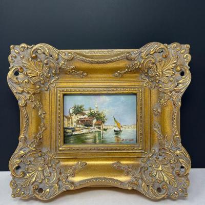 E.W. Cook Framed Fine Art–Seaside Village & Sailboat Ornate Gold Frame