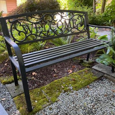 Vintage Black Metal “Welcome” Bench – Outdoor Garden Seating