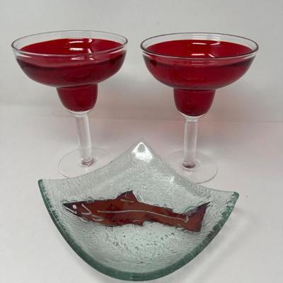 Handblown Margarita Glasses & Glass Fish Dish – Colorful Serving Set