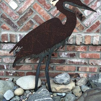 Handcrafted Metal Blue Heron Garden Sculpture – Local Artist