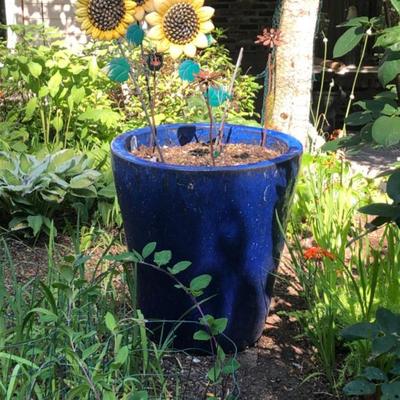 Large Blue Ceramic Planter with Metal Sunflower Garden Accents