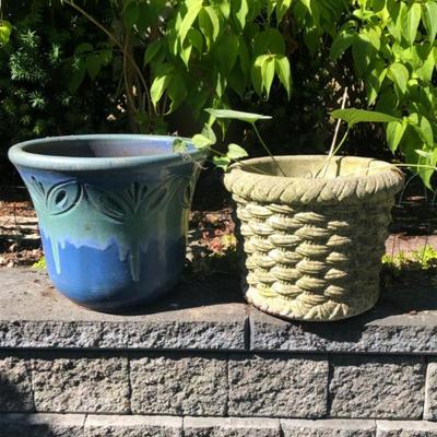 Blue Ceramic Planter & Concrete Planter – Garden Pot Pair