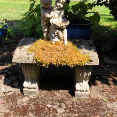 Small Concrete Garden Bench with Boy/Girl Bird Feeder Statue