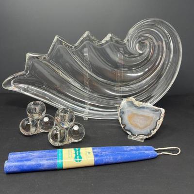 Mikasa Glass Bowl with Westmoreland Bubble Taper Holders & Geode