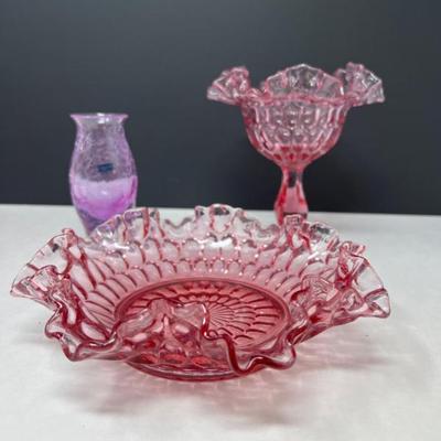 Caithness Crackle Vase & Fenton Cranberry Ruffled Candy Dishes