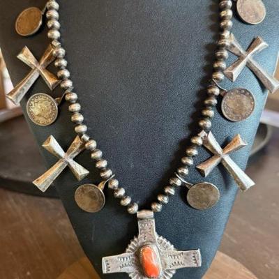 Isleta Pueblo Sterling Silver Cross Necklace Early 20th Century - 1910-12 Silver Barber Dimes - 150.7 Grams