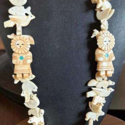 Zuni Stacked Bone Hand Carved 3 Sunface Kachina 30 Inch Necklace With Heishi Beads