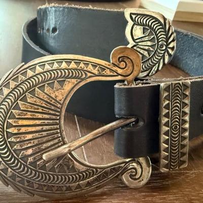 Stunning Mary Morgan Navajo Sterling Silver Signed Belt Buckle With 46 Inch Black Leather Belt