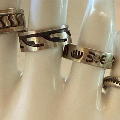 (4) Sterling Silver Navajo Stamped Rings - Gerald Mitchell Navajo - Annie Chapo Navajo - 21.06 Grams