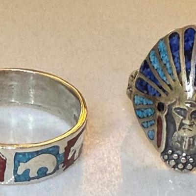 (2) Native American Inlay Sterling Silver Turquoise, Coral & Blue Lapis Rings Size 11 & 13 - 15.77 Grams
