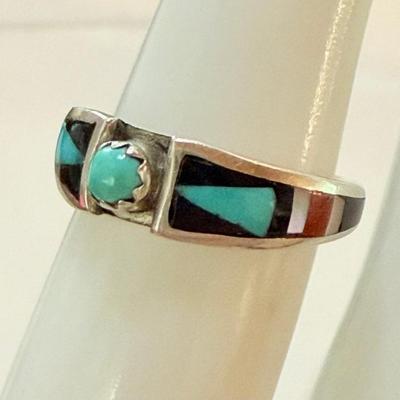 Vintage Delberta Boone Zuni Sterling Silver Inlay Ring - Turquoise - Coral - Mother Of Pearl Size 5.5